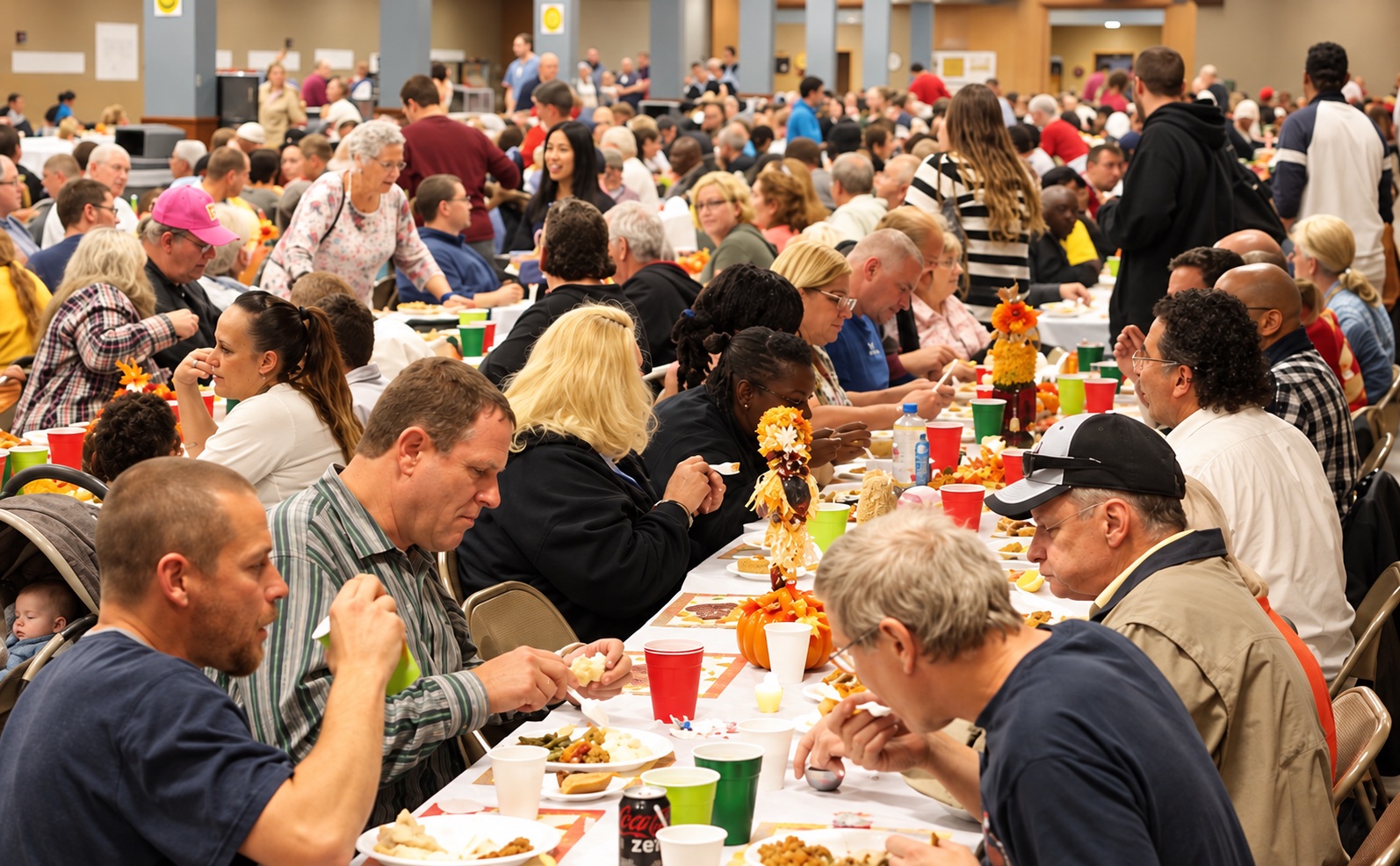 Neighbors eating and talking together at long tables during a Community Thanksgiving Dinner.
